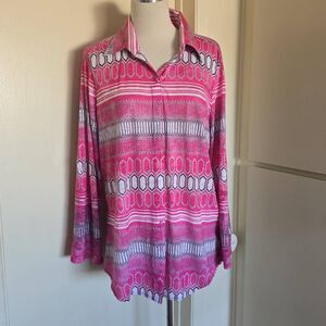 David Cline Pink Geometric Print Snap Front Blouse, long Conv. Slv. EUC, XL